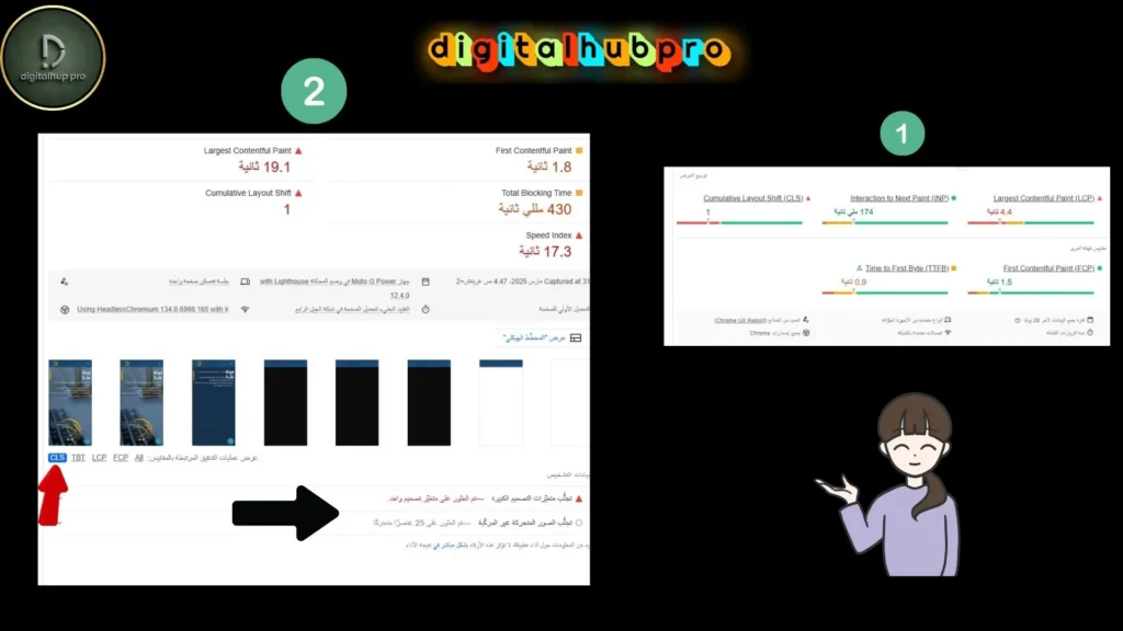 تحسن CLS لزيادة معدل التحويل وتحسين ترتيب موقعك 2025 2 خطوات فحص احدى المواقع على pagespeed لنحديد المشاكل التقنية ل CLS